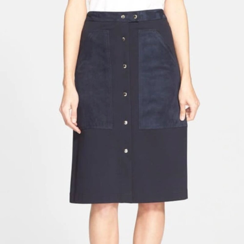Theory Slyn Fixture Button-Front Ponte Skirt, Navy
